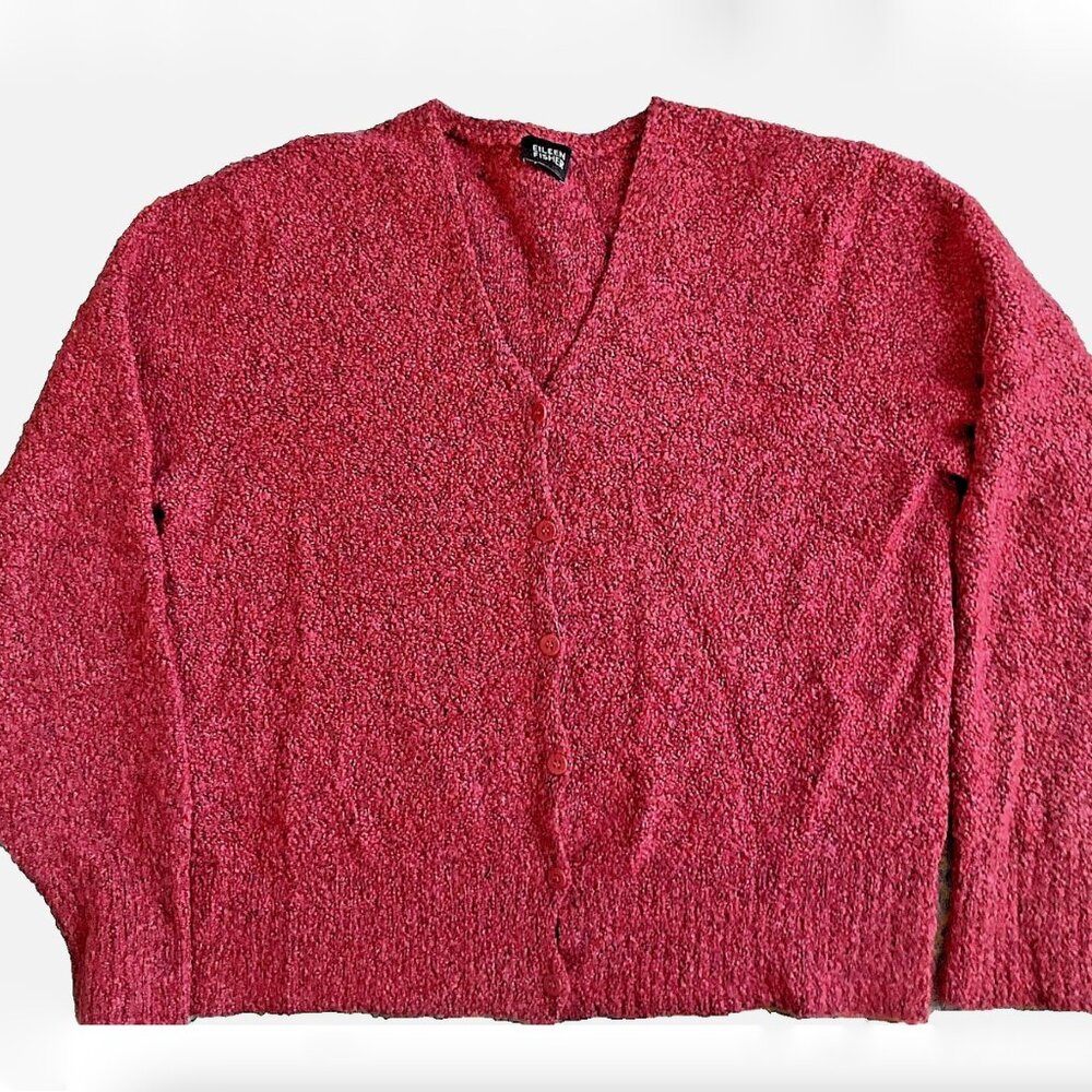 Eileen Fisher Merino Wool Cashmere Blend V Neck Cardigan Sweater L cropped boxy